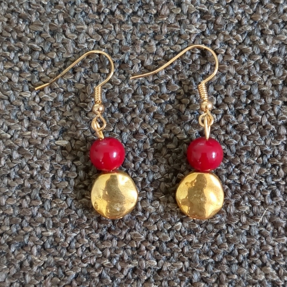 Hammered Gold and Red Dangle Earrings Autumn Fall Christmas